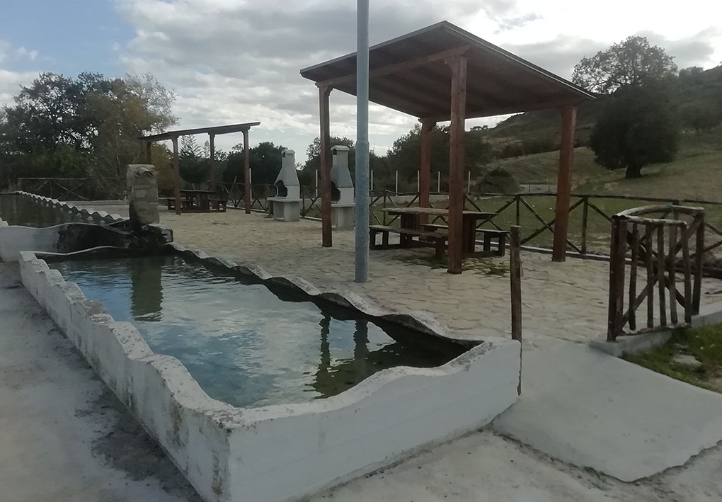 Area picnic con in primo piano una grande fontana. I tavoli sono coperti da tettoie in legno, mentre i forni in roccia e cemento sono completamente all'aperto. Sullo sfondo si apre un prato con alberi.